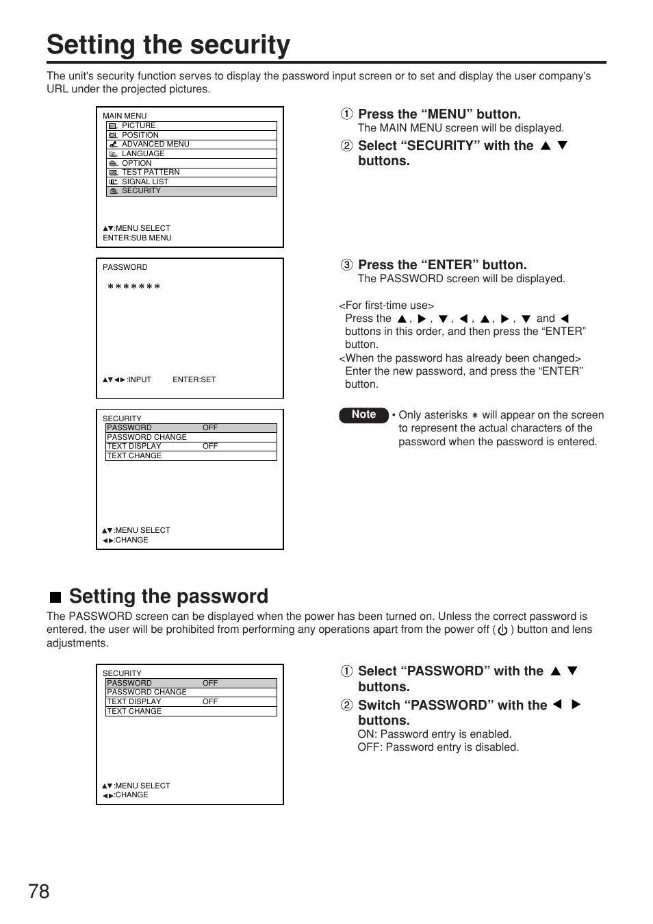 Setting the security, Setting the password, Press the “menu” button | Press the “enter” button | Panasonic PT-D7700E User Manual | Page 78 / 106