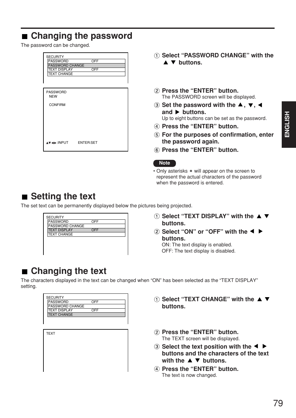 Changing the password, Setting the text, Changing the text | Panasonic PT-D7700E User Manual | Page 79 / 106