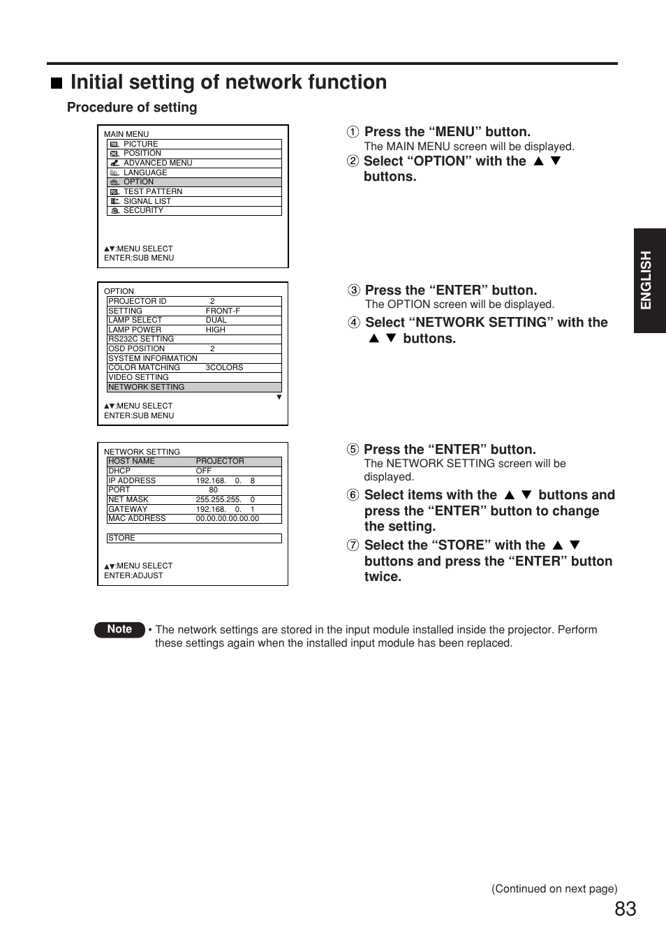 Initial setting of network function, English press the “enter” button, Select “network setting” with the buttons | Procedure of setting press the “menu” button, Select “option” with the buttons, Press the “enter” button | Panasonic PT-D7700E User Manual | Page 83 / 106
