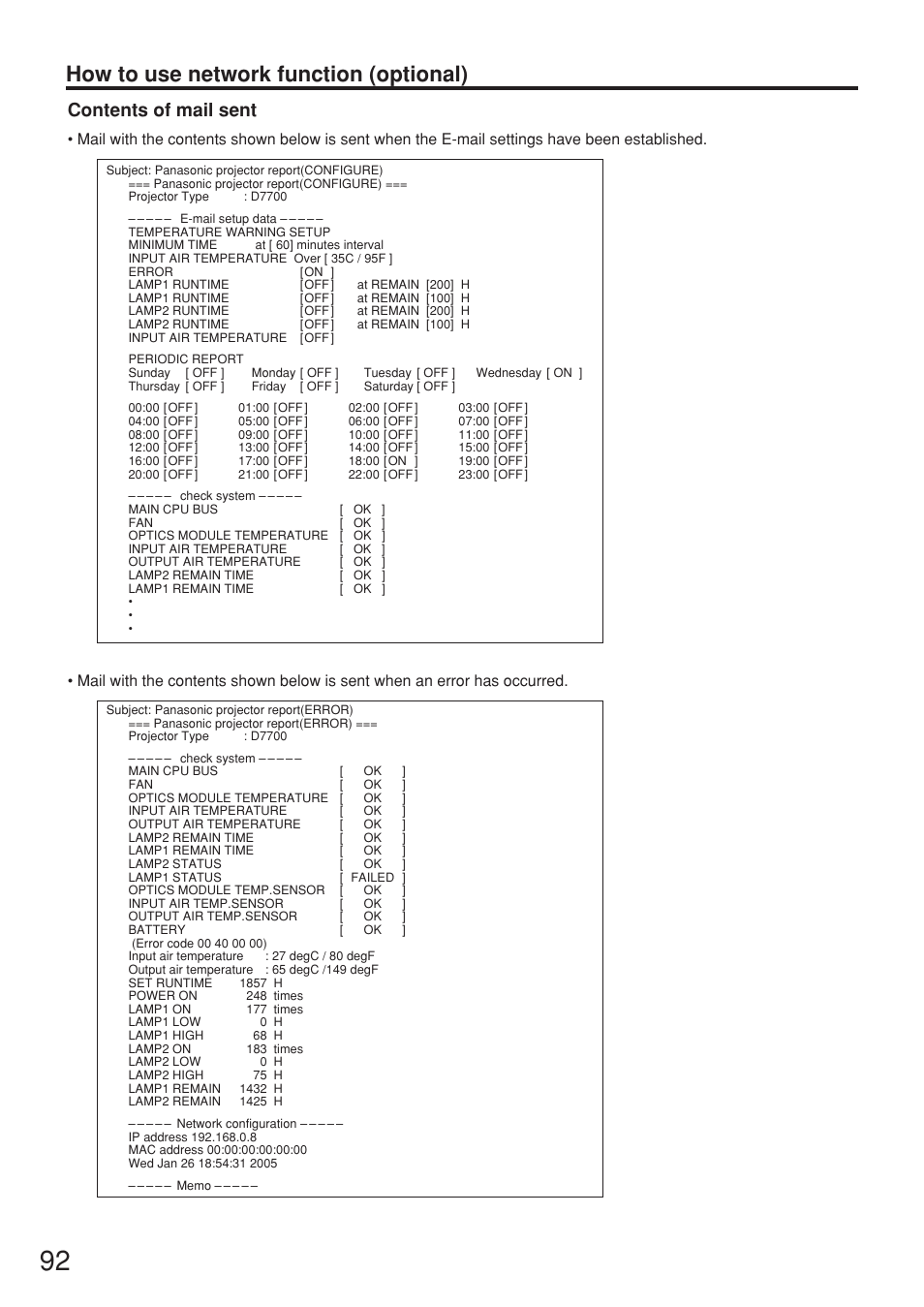 How to use network function (optional), Contents of mail sent | Panasonic PT-D7700E User Manual | Page 92 / 106