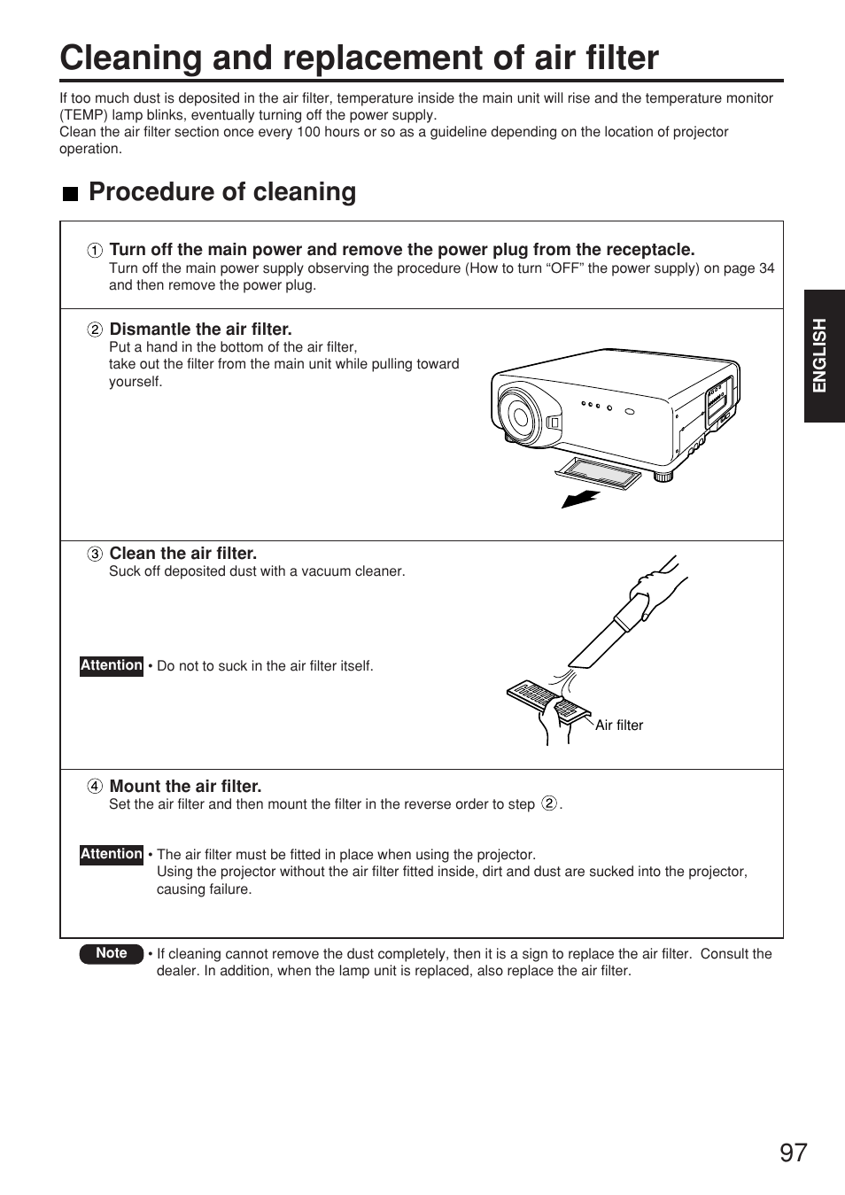 Cleaning and replacement of air filter, Procedure of cleaning | Panasonic PT-D7700E User Manual | Page 97 / 106
