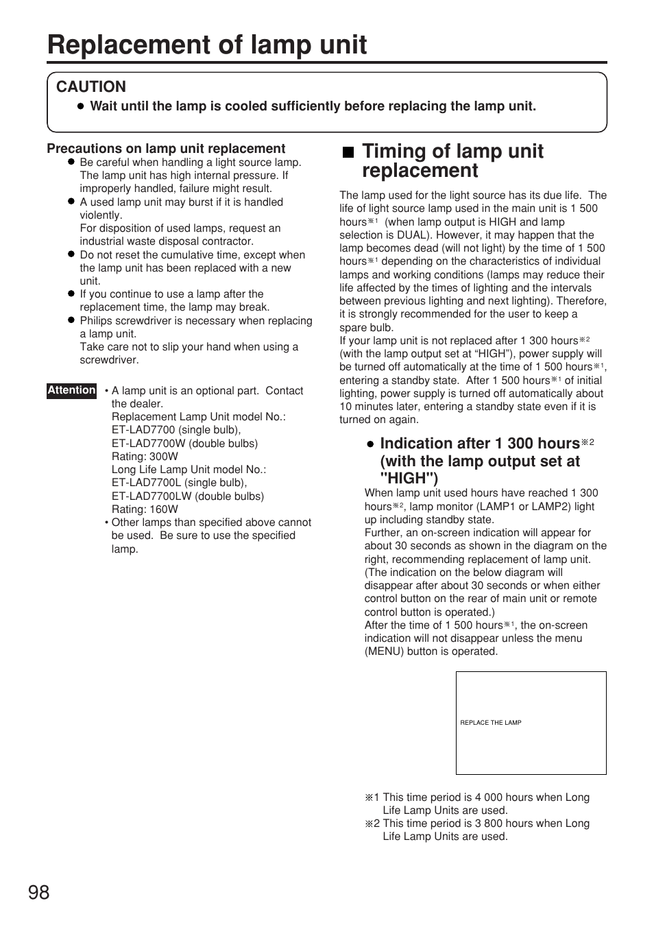 Replacement of lamp unit, Timing of lamp unit replacement, Indication after 1 300 hours | With the lamp output set at "high"), Caution | Panasonic PT-D7700E User Manual | Page 98 / 106