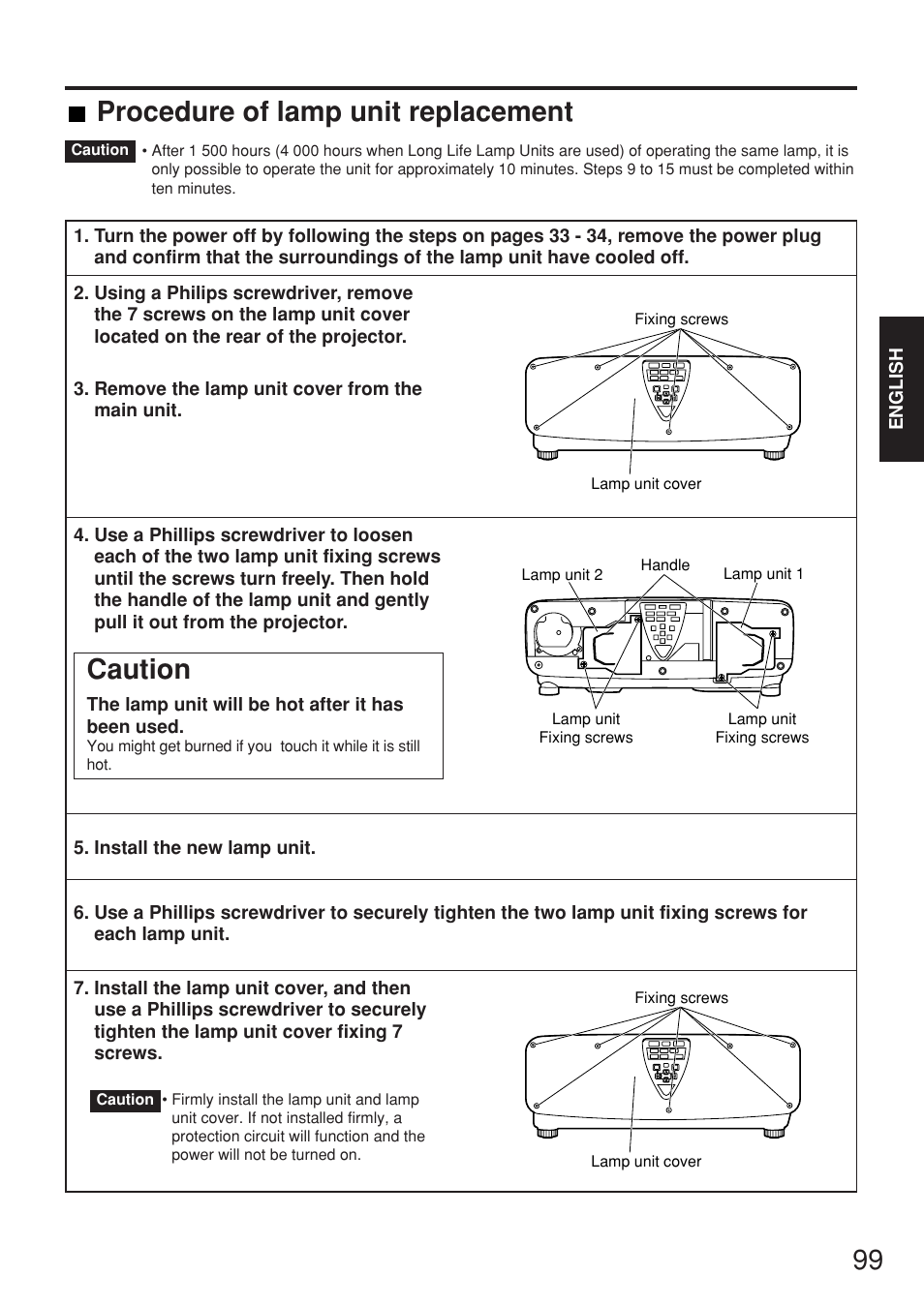 Caution, Procedure of lamp unit replacement | Panasonic PT-D7700E User Manual | Page 99 / 106