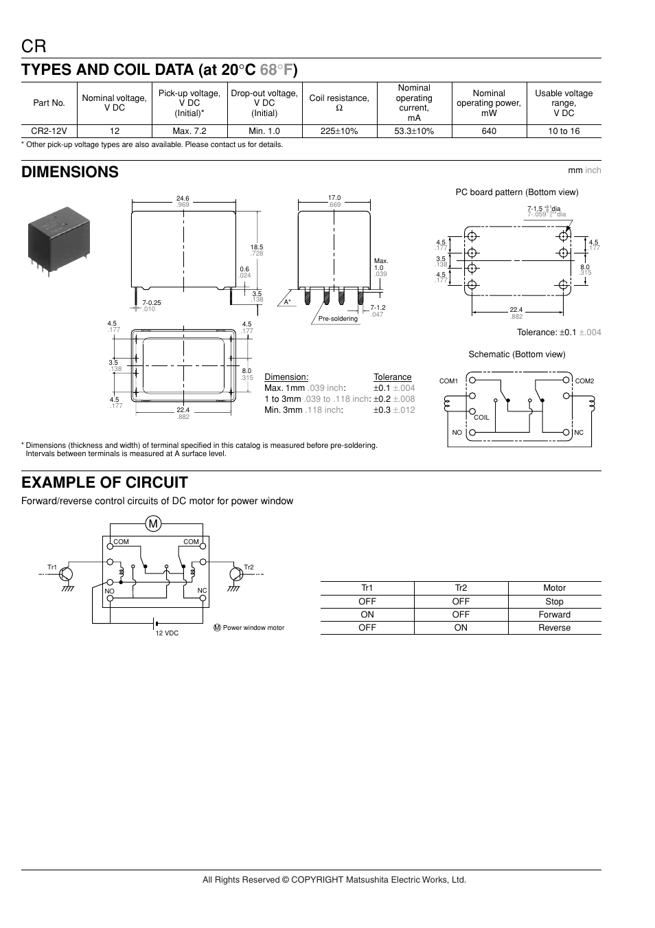 Types and coil data (at 20 ° c 68 ° f ), Dimensions, Example of circuit | Panasonic CR Relays User Manual | Page 2 / 4