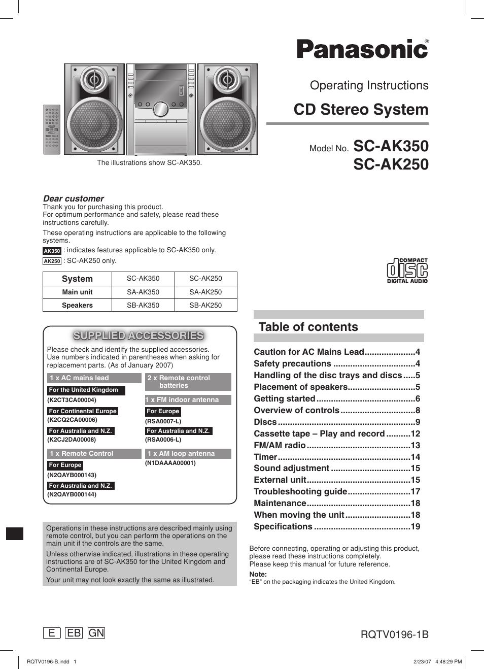 Panasonic SC-AK250 User Manual | 20 pages