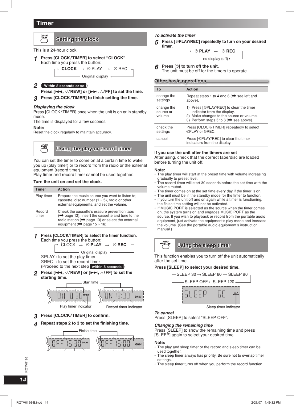 Timer, Using the play or record timer, Using the sleep timer | Panasonic SC-AK250 User Manual | Page 14 / 20