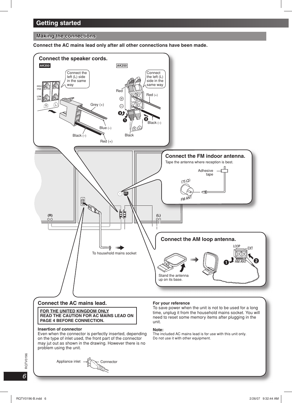 Getting started, Connect the ac mains lead, Connect the speaker cords | Connect the fm indoor antenna, Connect the am loop antenna | Panasonic SC-AK250 User Manual | Page 6 / 20