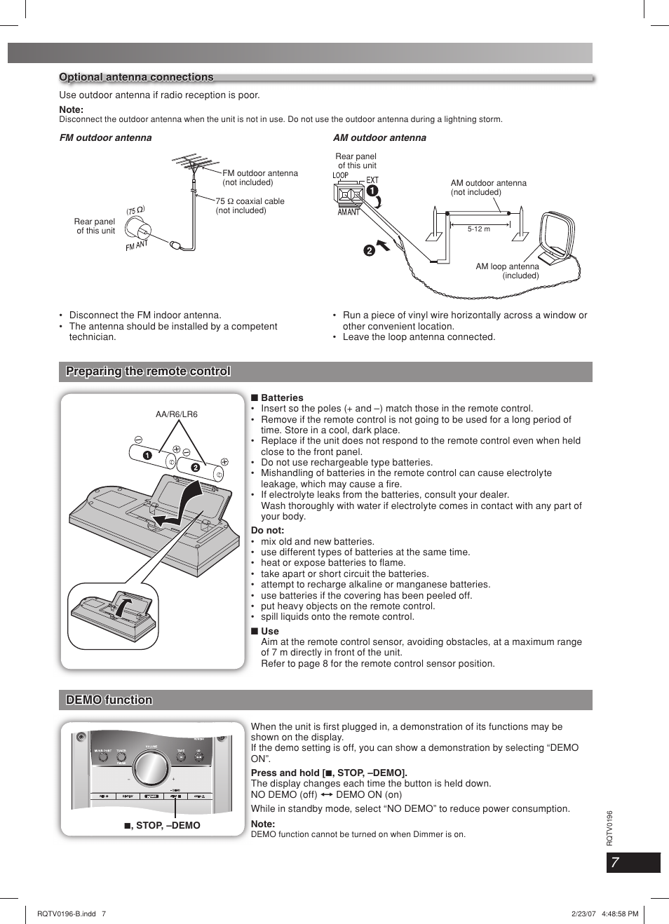 Lang - 5 lang - 4 français dansk deutsch, Preparing the remote control, Demo function | Panasonic SC-AK250 User Manual | Page 7 / 20