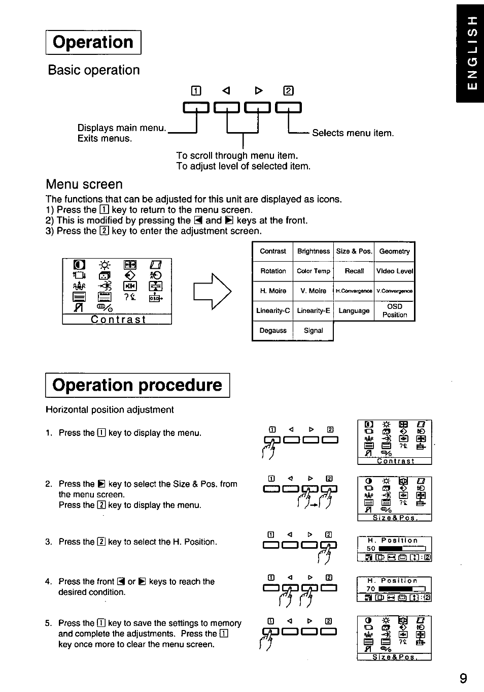 Operation, Contrast, Operation procedure | Czdczdi, Operation operation procedure, Ss p, Basic operation m (d, Menu screen, D < > [d, Ès a | Panasonic PANASYNC SL90I TX-D9S55 User Manual | Page 10 / 51