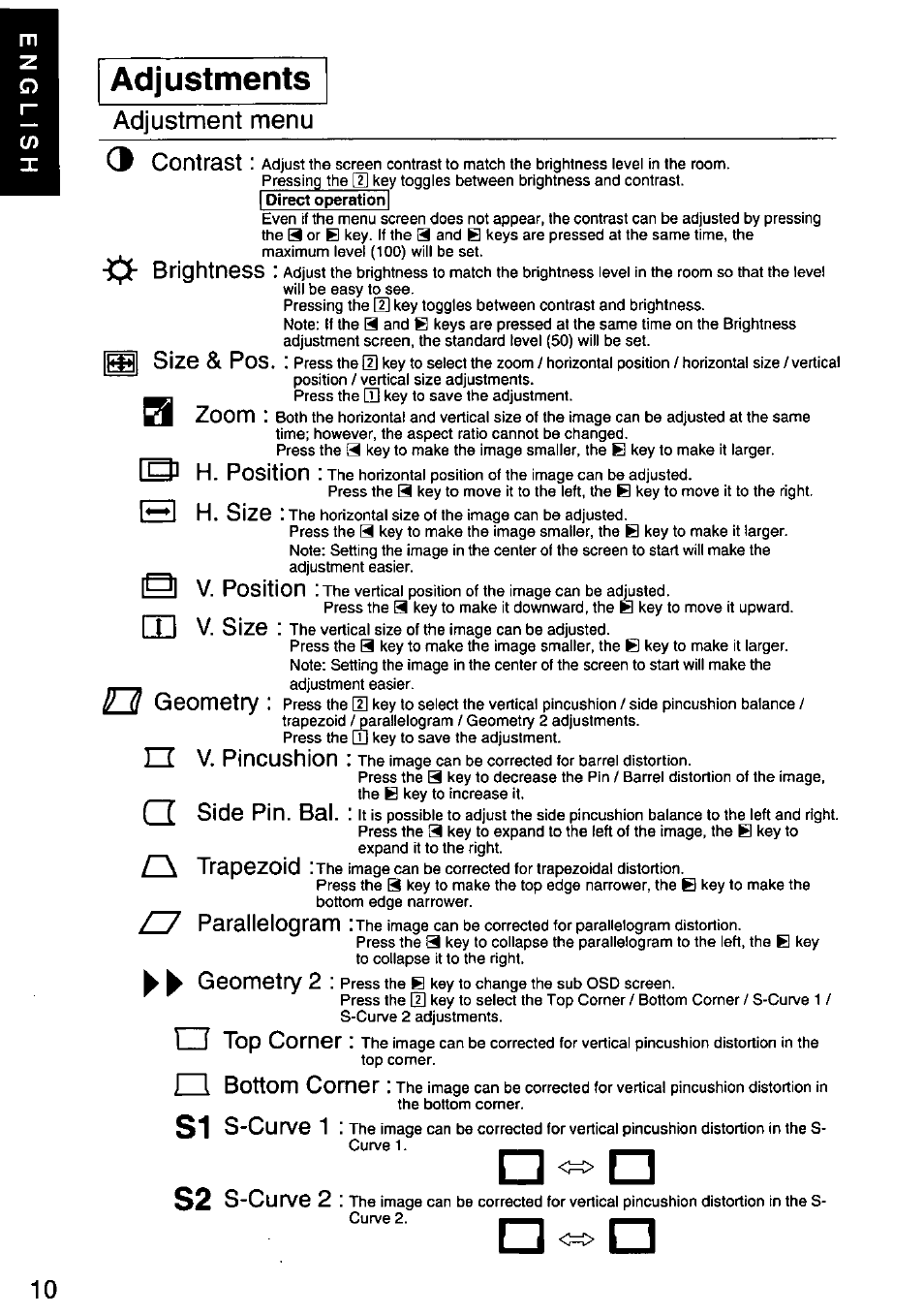 Adjustments, Direct operationi, Adjustment menu 3 contrast | Zoom, Brightness, Size & pos, H. position, H. size, V. position, V. size | Panasonic PANASYNC SL90I TX-D9S55 User Manual | Page 11 / 51