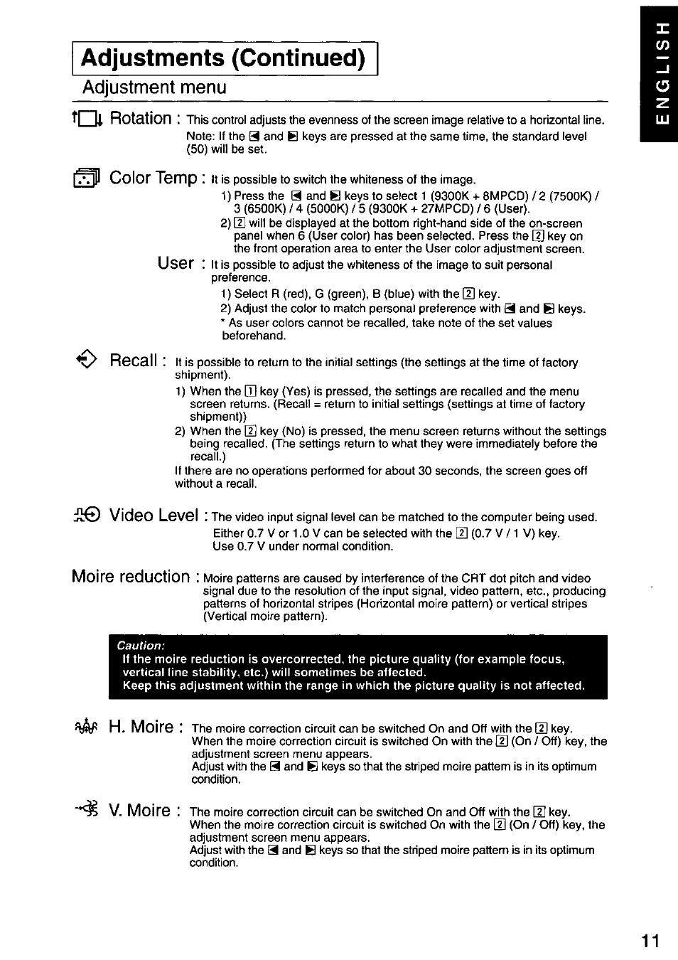 Adjustments (continued), Acjjustment menu tqi rotation, Ql color temp | User, Recall, Video level, Moire reduction, H. moire v. moire | Panasonic PANASYNC SL90I TX-D9S55 User Manual | Page 12 / 51