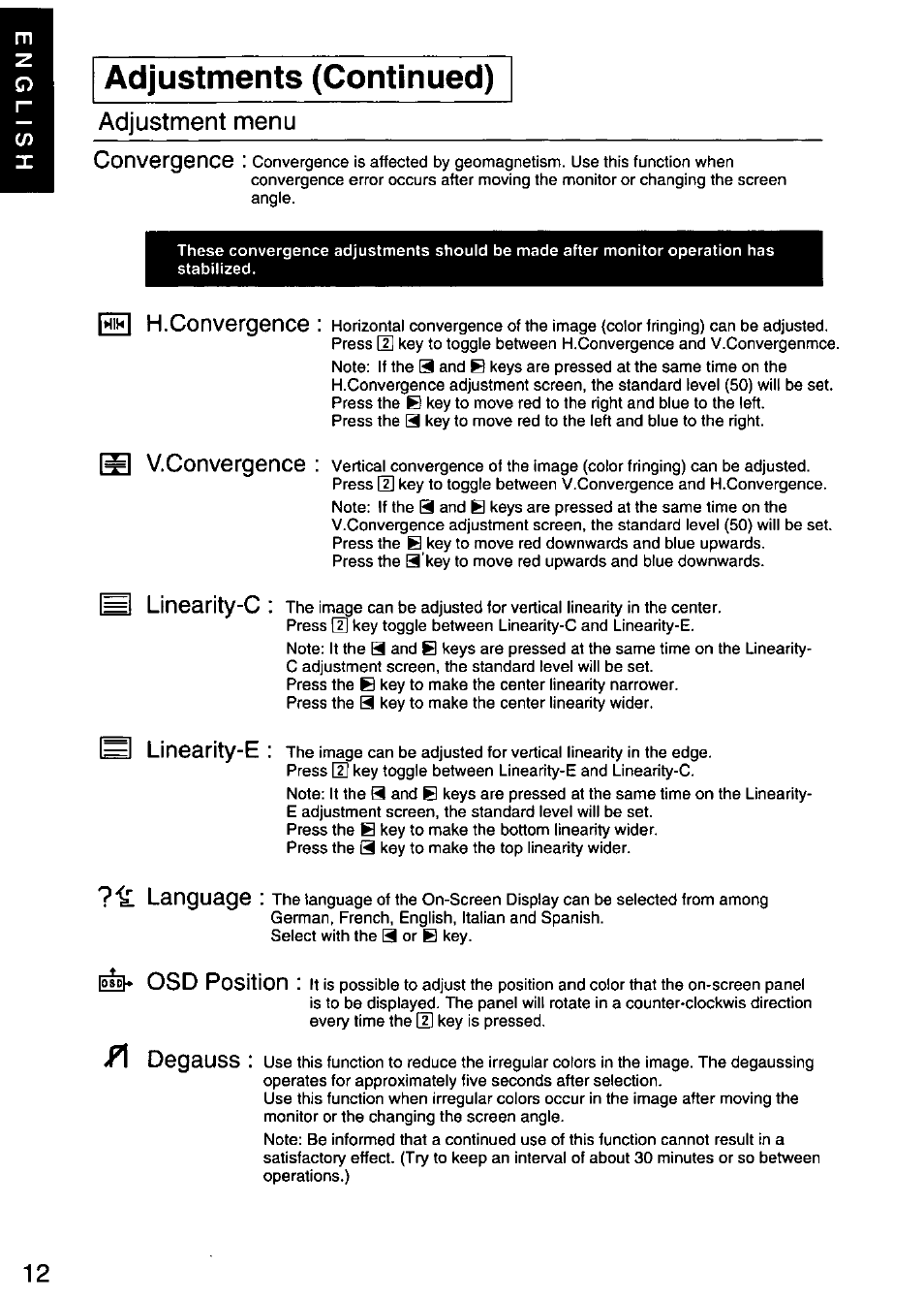 Adjustments (continued), Adjustment menu, H.conv6rg©ncg | V.convergence, H linearity-c, B linearity-e, Language, 08df» osd position, Degauss | Panasonic PANASYNC SL90I TX-D9S55 User Manual | Page 13 / 51