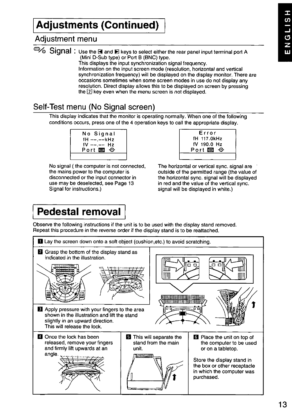 Pedestal removal, Adjustments (continued), A(djustment menu signal | Self-test menu (no signal screen) | Panasonic PANASYNC SL90I TX-D9S55 User Manual | Page 14 / 51