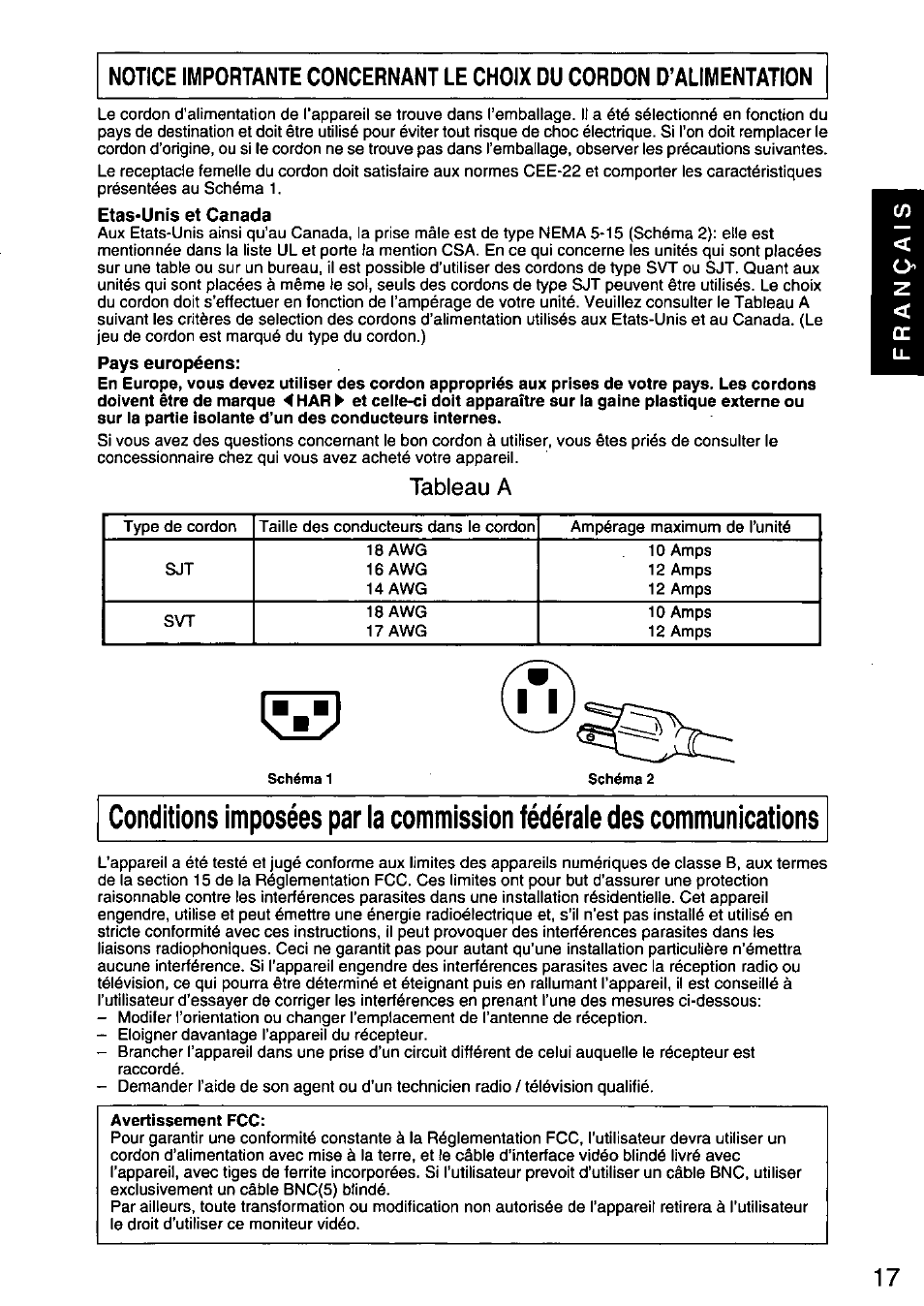 Etas-unis et canada, Pays européens, Avertissement fcc | Tableau a | Panasonic PANASYNC SL90I TX-D9S55 User Manual | Page 18 / 51