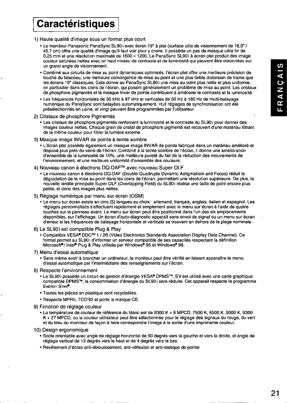 Caractéristiques | Panasonic PANASYNC SL90I TX-D9S55 User Manual | Page 22 / 51