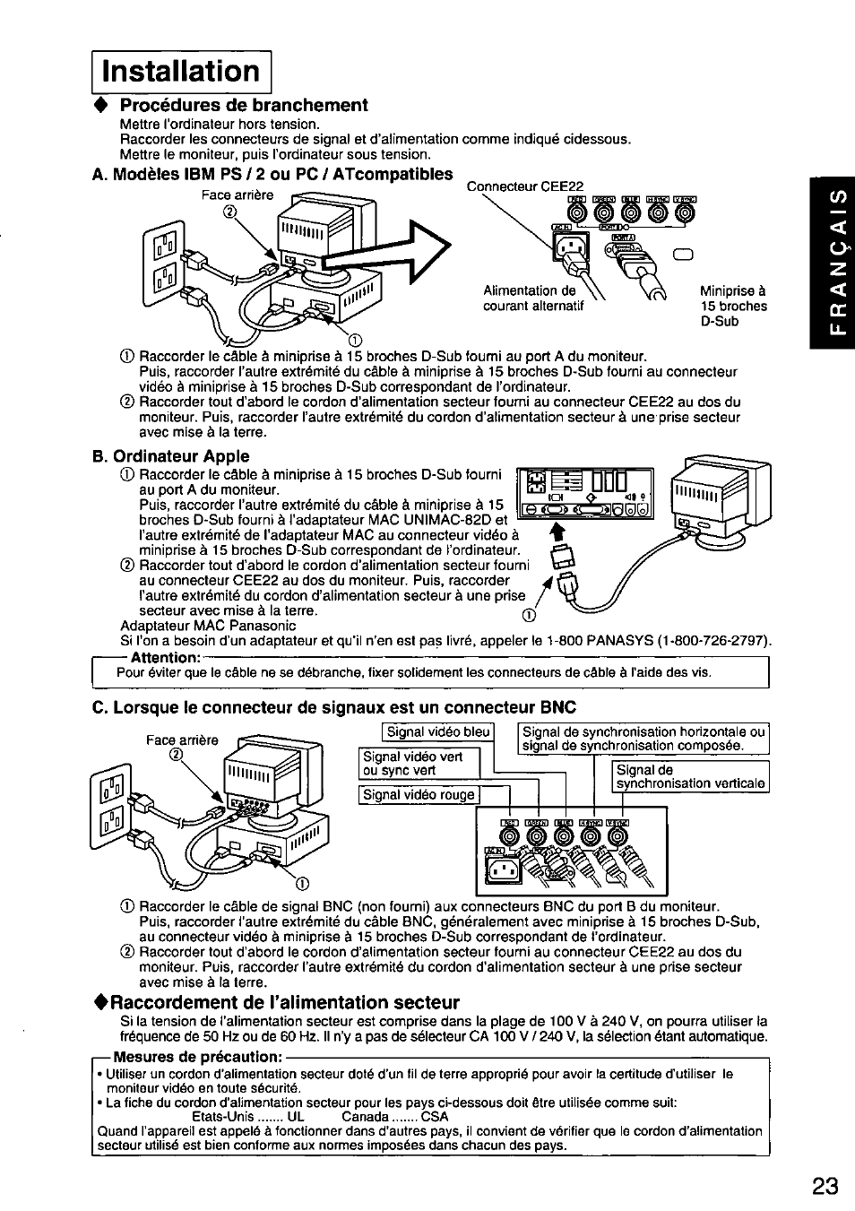 Procédures de branchement, A. modèles ibm ps / 2 ou pc / atcompatibles, B. ordinateur apple | 4raccordement de l’alimentation secteur, Attention | Panasonic PANASYNC SL90I TX-D9S55 User Manual | Page 24 / 51