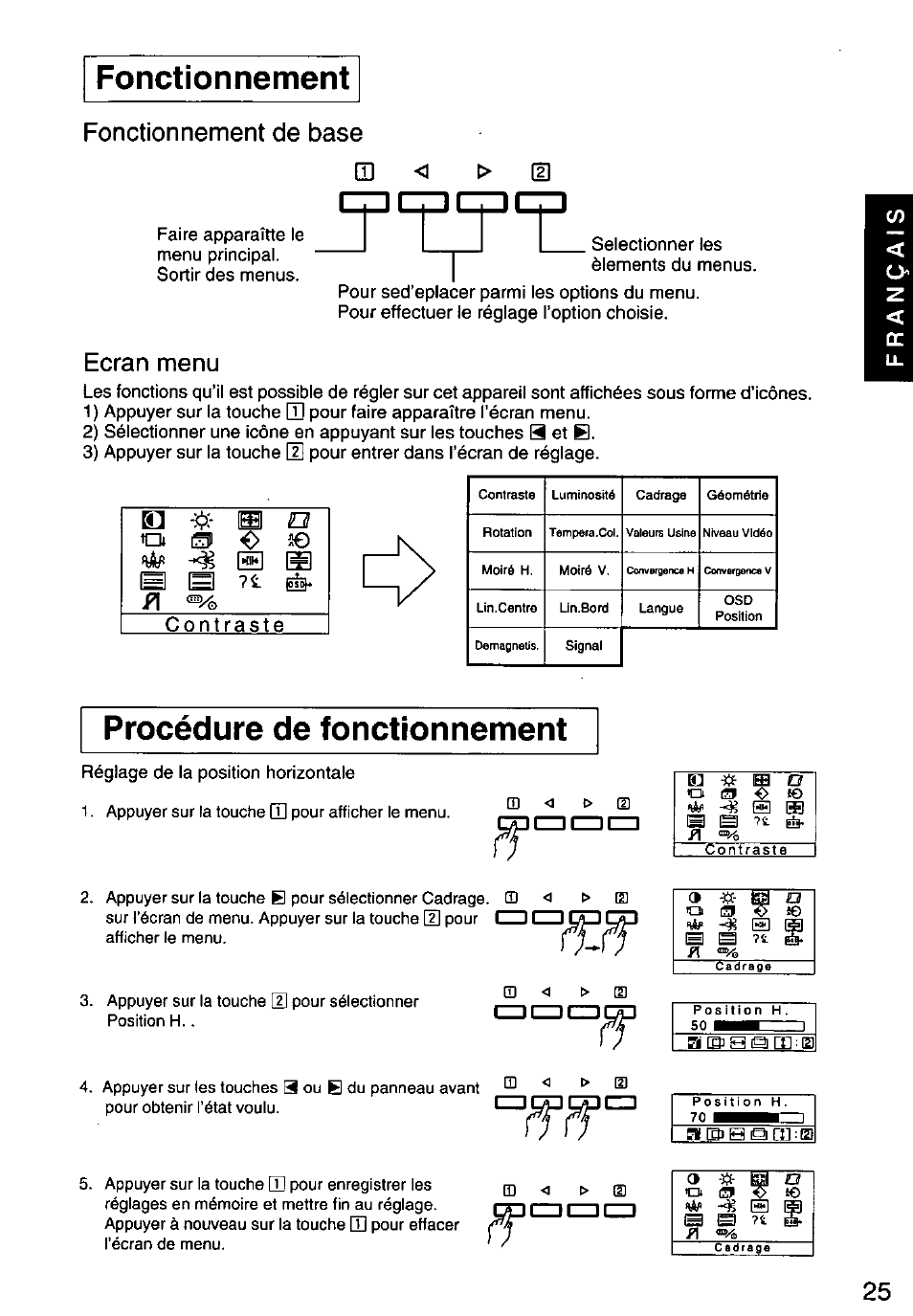 Fonctionnement, Sélectionner les éléments du menus, Procédure de fonctionnement | Réglage de la position horizontale, Fonctionnement procédure de fonctionnement, Fonctionnement de base, Ecran menu, A pibiginjie, Cd cd cd, Cd cd cd c | Panasonic PANASYNC SL90I TX-D9S55 User Manual | Page 26 / 51