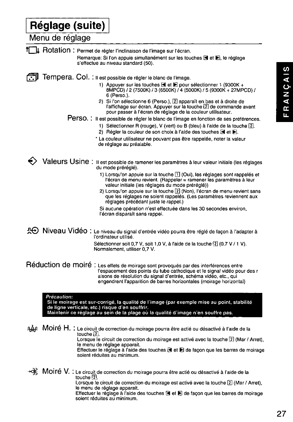 Réglage (suite), Menu, Réglage o; rotation | Гя tempera. col, Perso, Valeurs usine, Il® niveau vidéo, Réduction de moiré, Moiré h, Кц moiré v | Panasonic PANASYNC SL90I TX-D9S55 User Manual | Page 28 / 51