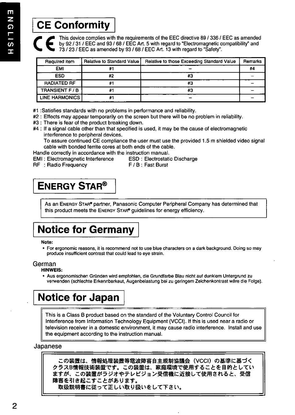 Ce conformity, Notice for germany, German | Notice for japan, Japanese, Aiißsi, Nergy | Panasonic PANASYNC SL90I TX-D9S55 User Manual | Page 3 / 51