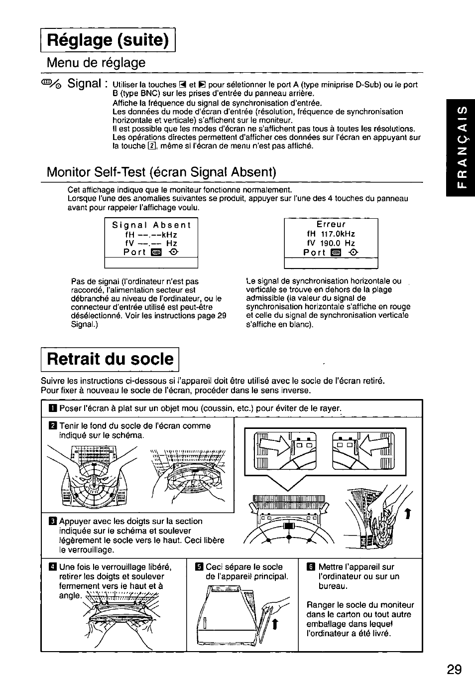 Retrait du socle, Réglage (suite), Menu de réglage signal | Monitor self-test (écran signal absent) | Panasonic PANASYNC SL90I TX-D9S55 User Manual | Page 30 / 51
