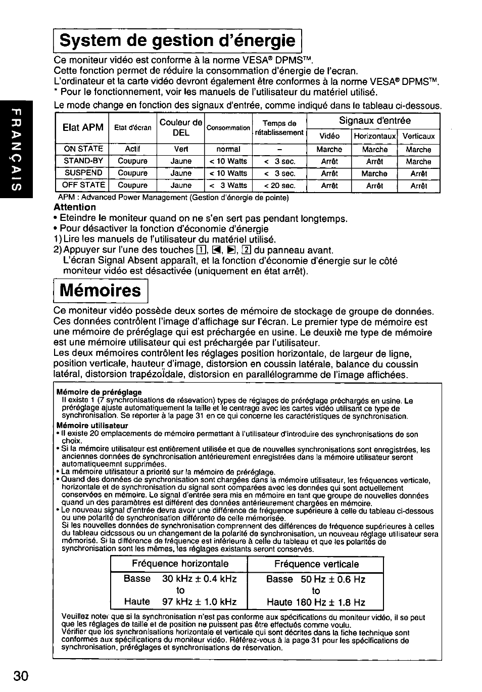 System de gestion d’énergie, Attention, System de gestion d'énergie | Mémoires | Panasonic PANASYNC SL90I TX-D9S55 User Manual | Page 31 / 51