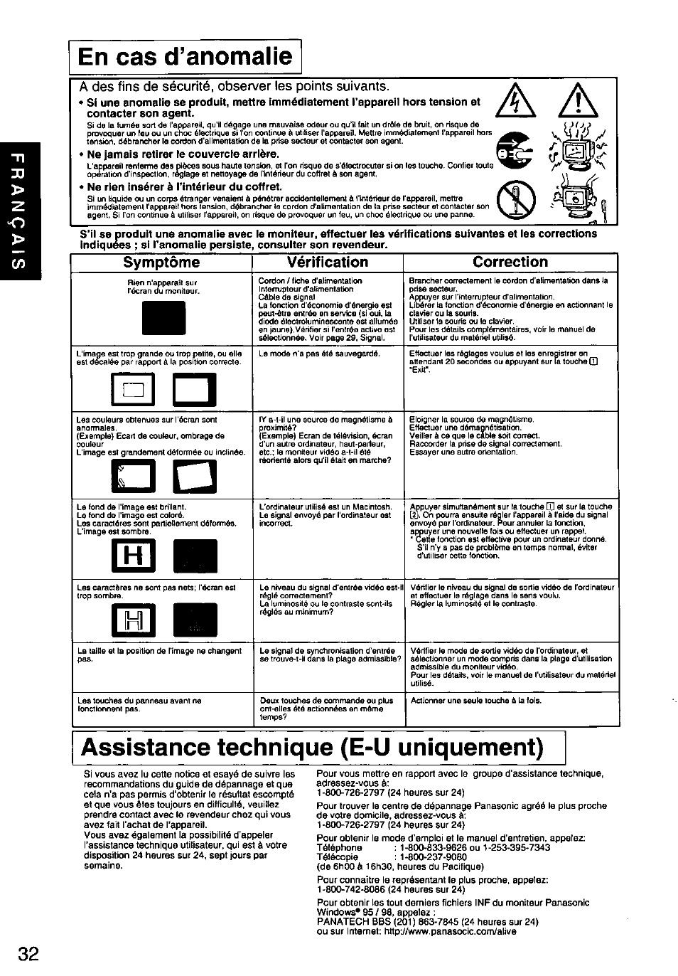 Assistance technique (e-u uniquement), Symptôme vérification correction | Panasonic PANASYNC SL90I TX-D9S55 User Manual | Page 33 / 51