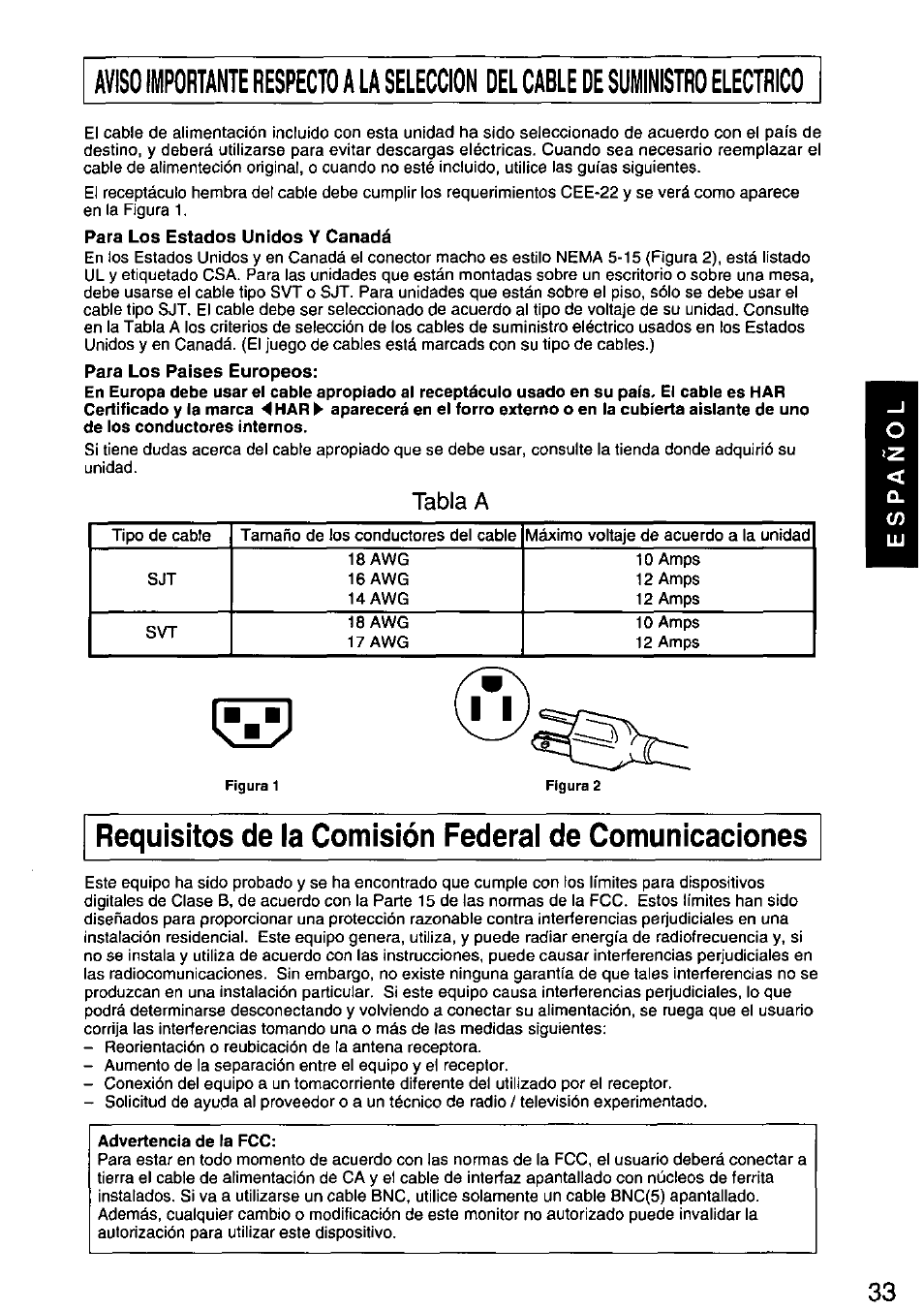 Para los estados unidos y canadá, Para los países europeos, Advertencia de la fcc | Tabla a | Panasonic PANASYNC SL90I TX-D9S55 User Manual | Page 34 / 51