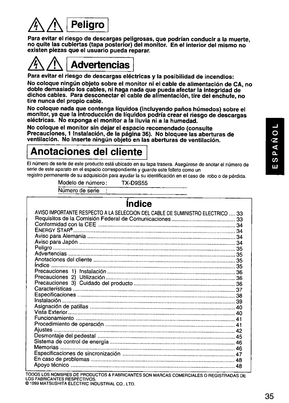 A a i peligro, Advertencias, A a i | Peligro, Anotaciones del cliente, Indice | Panasonic PANASYNC SL90I TX-D9S55 User Manual | Page 36 / 51