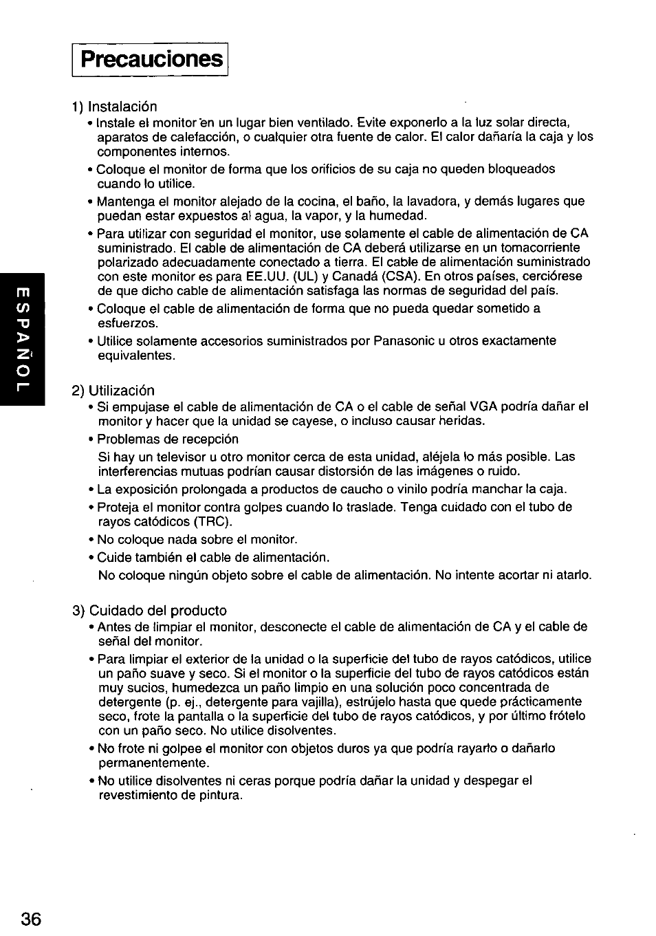 Precauciones | Panasonic PANASYNC SL90I TX-D9S55 User Manual | Page 37 / 51