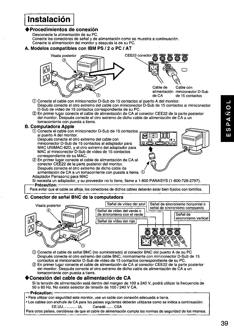 Instalación, Procedimientos de conexión, A. modelos compatibles con íbm ps / 2 o pc / at | B. computadora apple, C. conector de señal bnc de la computadora, Conexión del cable de alimentación de ca | Panasonic PANASYNC SL90I TX-D9S55 User Manual | Page 40 / 51