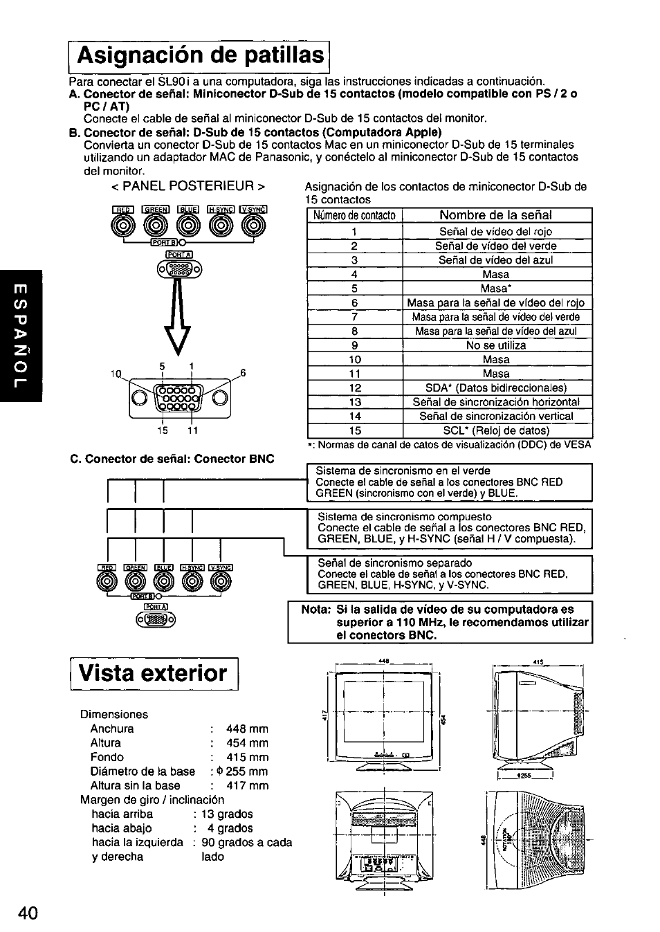 Asignación de patillas, Vista exterior | Panasonic PANASYNC SL90I TX-D9S55 User Manual | Page 41 / 51