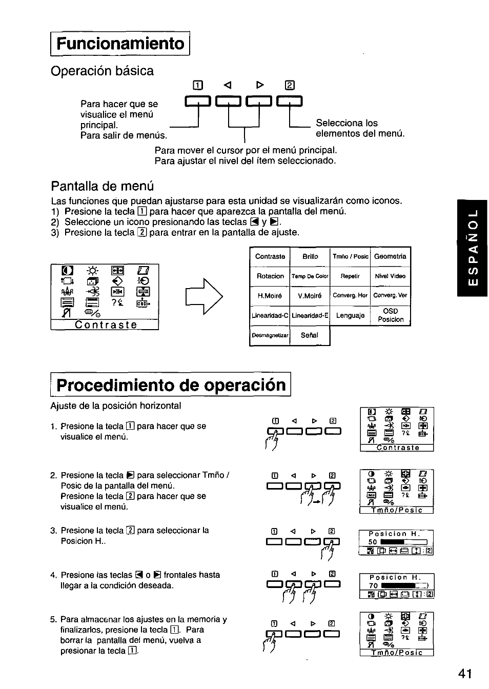 Funcionamiento, Cdcipicipi, Procedimiento de operación | Funcionamiento procedimiento de operación, Operación básica, Pantalla de menú, Jó- и o o, 0sdp | Panasonic PANASYNC SL90I TX-D9S55 User Manual | Page 42 / 51