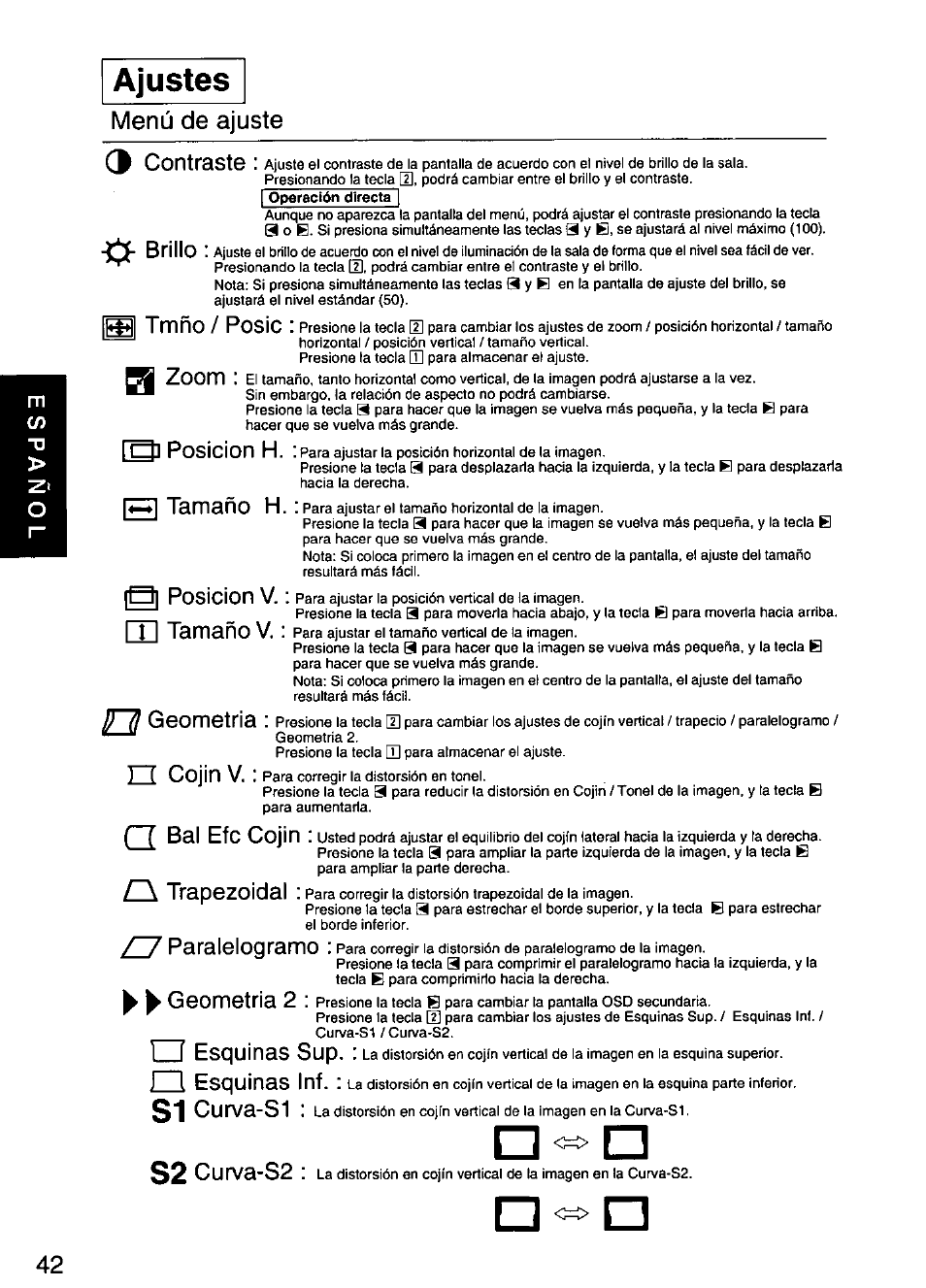 Ajustes, Menú de ajuste zoom 3 contraste, Brillo | Tmño, Posic, Posición h, Q tamaño h, B] posición v, Tamaño v, Geometría | Panasonic PANASYNC SL90I TX-D9S55 User Manual | Page 43 / 51