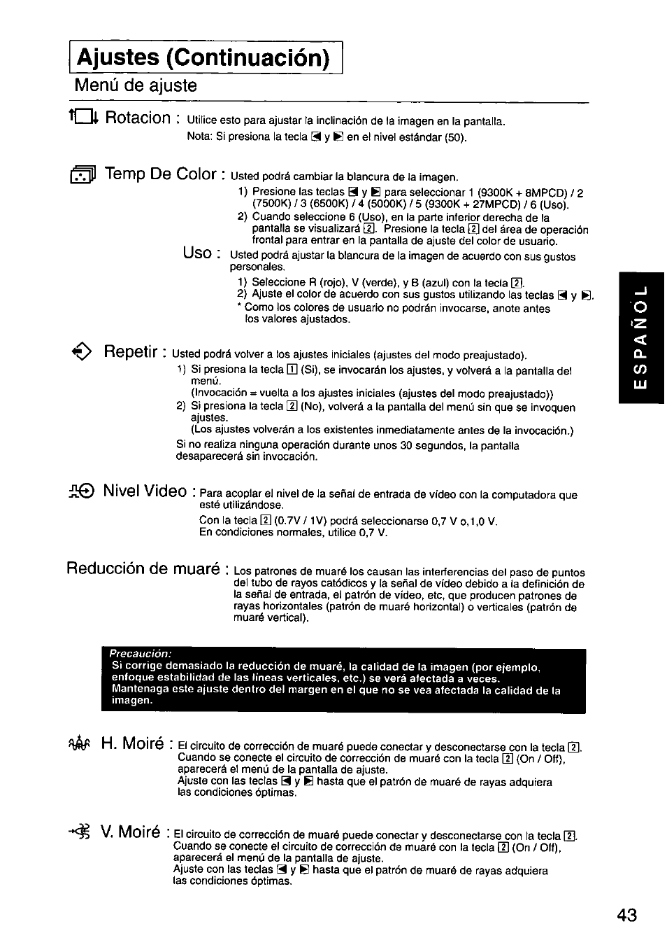 Ajustes (continuación), Menú de ajuste oi rotación, 0 temp de color | Repetir, Ji© nivel video, Reducción de muaré, H. moiré, V. moiré | Panasonic PANASYNC SL90I TX-D9S55 User Manual | Page 44 / 51