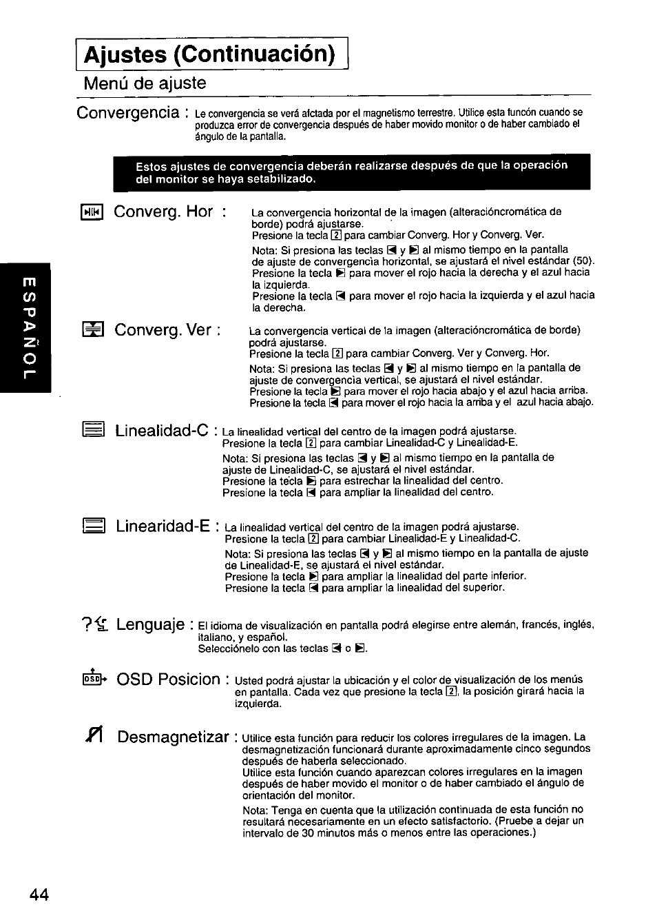 Ajustes (continuación), Menú de ajuste, Converg. hor converg. ver h linealidad-c | El linearidad-e, Lenguaje, Osd posición, Desmagnetizar | Panasonic PANASYNC SL90I TX-D9S55 User Manual | Page 45 / 51