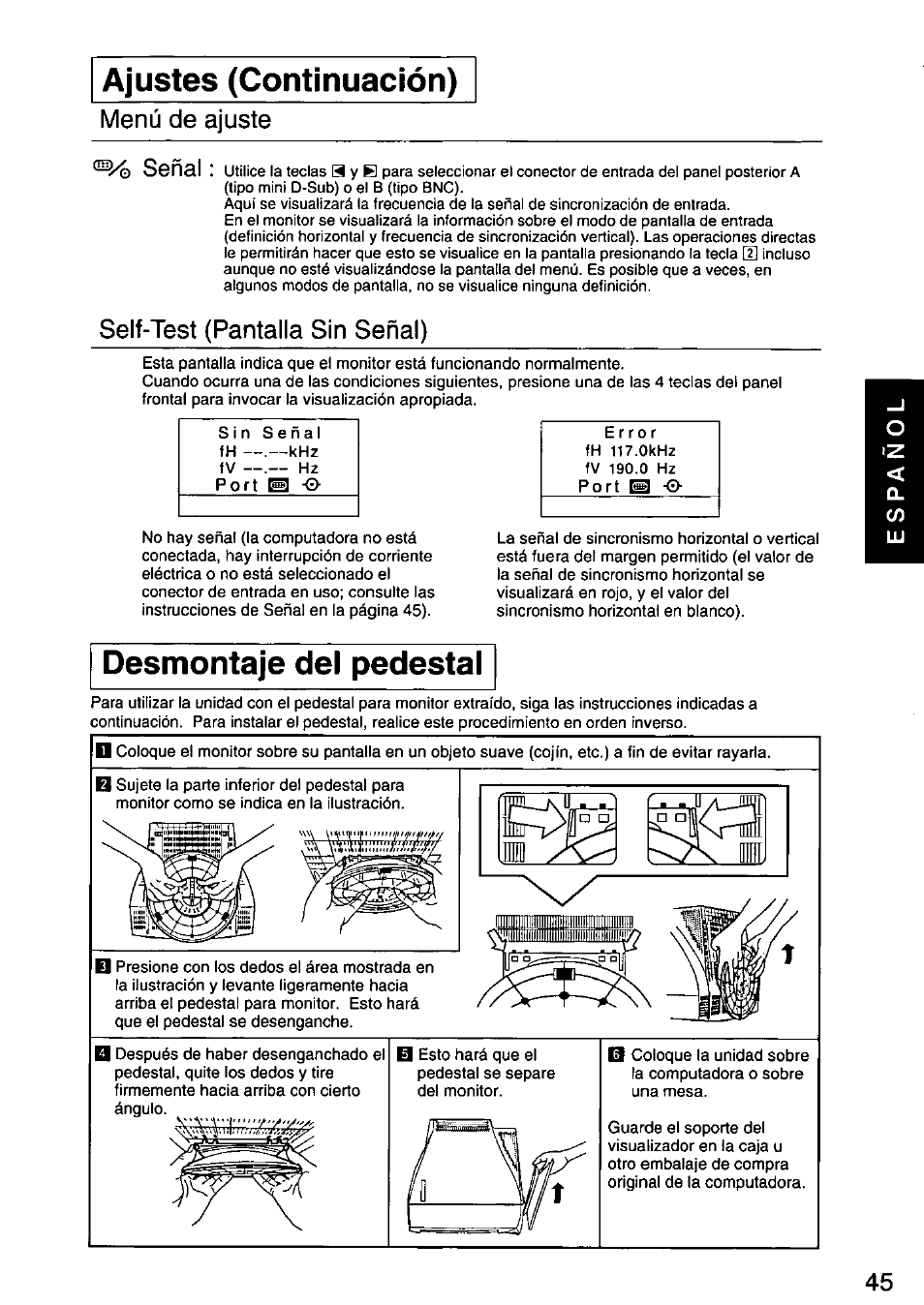 Desmontaje del pedestal, Ajustes (continuación), Menú | Ajuste señal, Self-test (pantalla sin señal) | Panasonic PANASYNC SL90I TX-D9S55 User Manual | Page 46 / 51