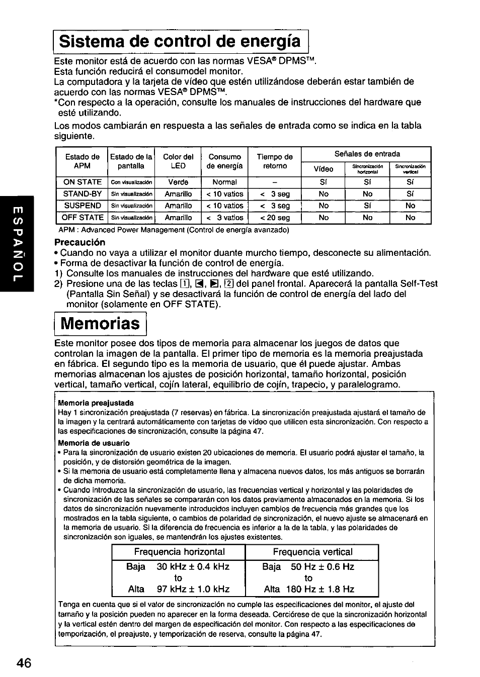 Sistema de control de energia, Precaución, Sistema de control de energía | Panasonic PANASYNC SL90I TX-D9S55 User Manual | Page 47 / 51