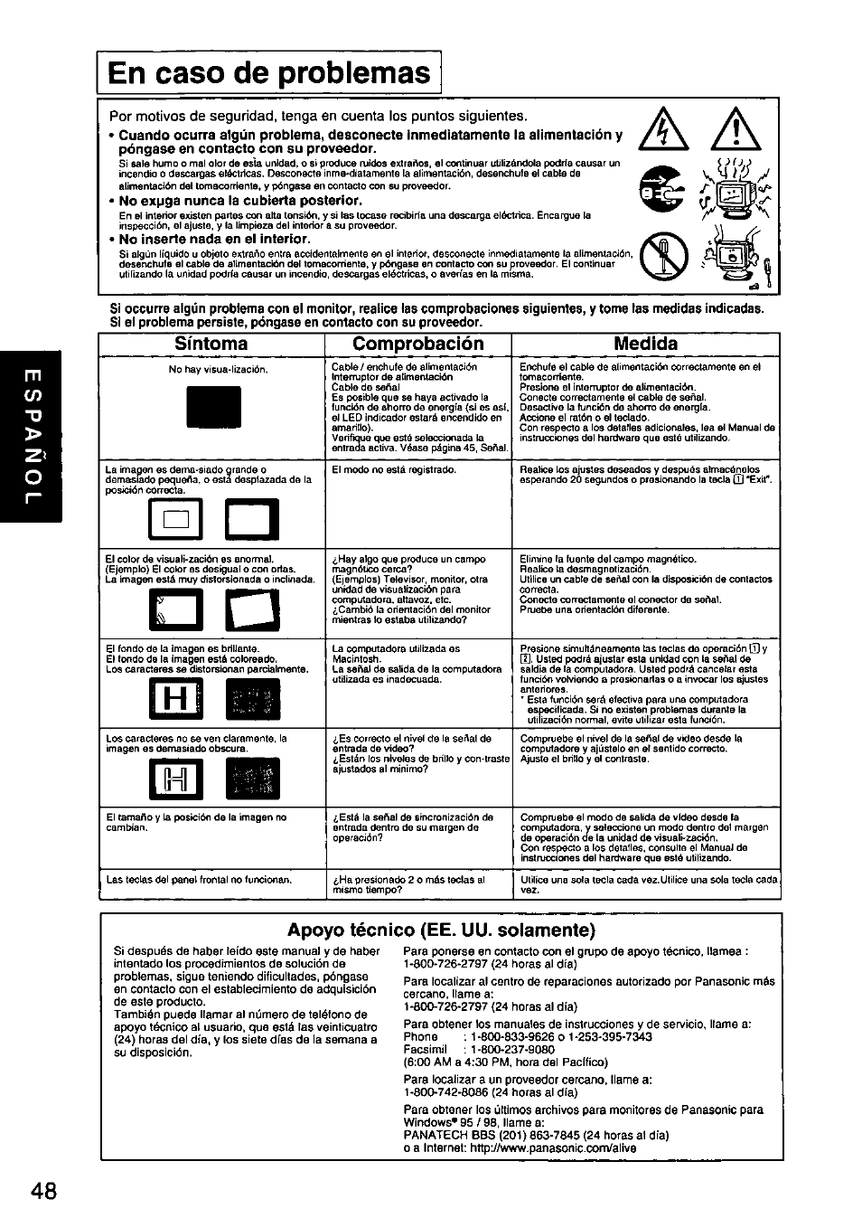Apoyo técnico (ее. uu. solamente), Rm w, Síntoma comprobación medida | Panasonic PANASYNC SL90I TX-D9S55 User Manual | Page 49 / 51