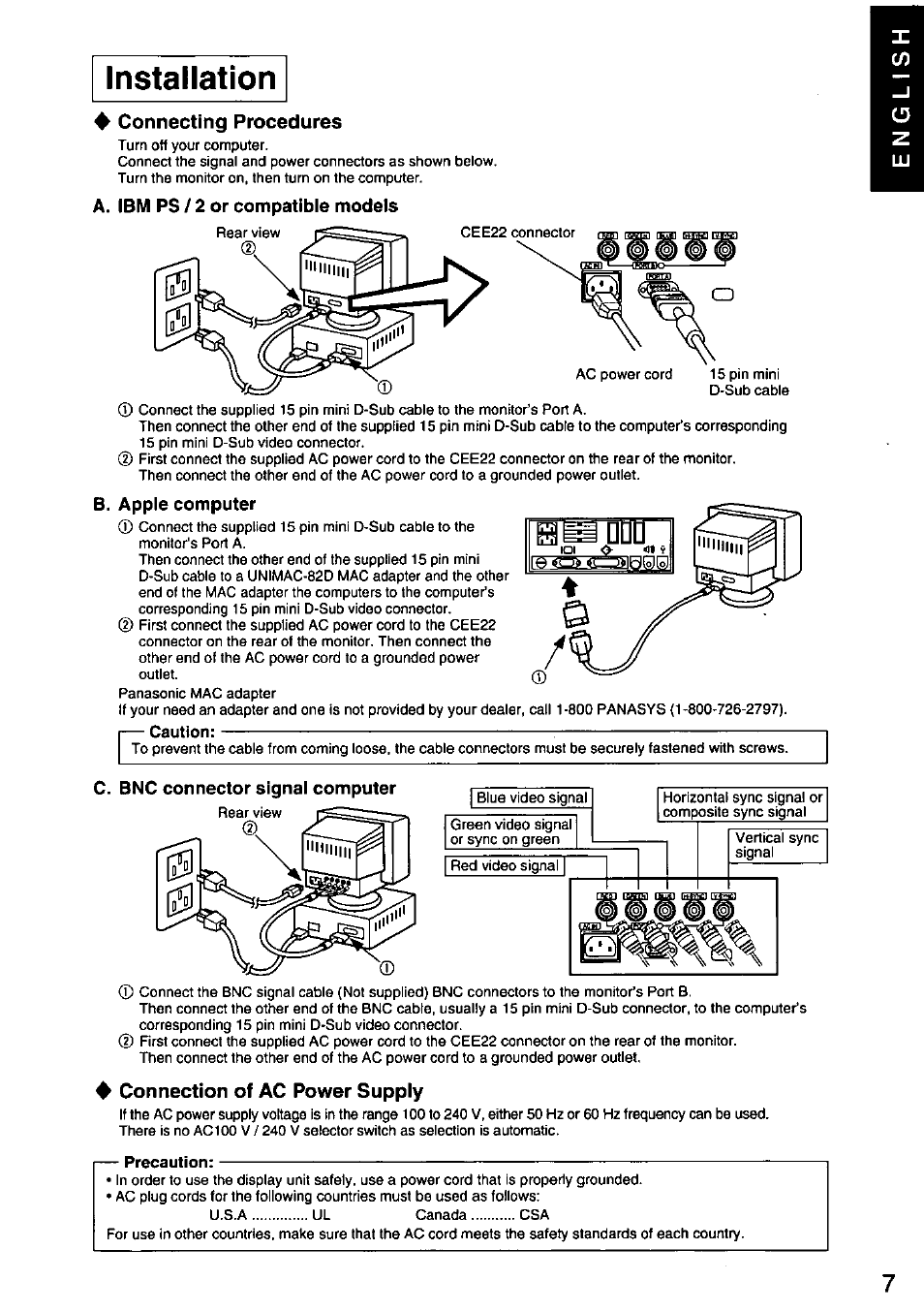 Installation, Connecting procedures, A. ibm ps / 2 or compatible models | B. apple computer, Caution, C. bnc connector signal computer, 4 connection of ac power supply | Panasonic PANASYNC SL90I TX-D9S55 User Manual | Page 8 / 51