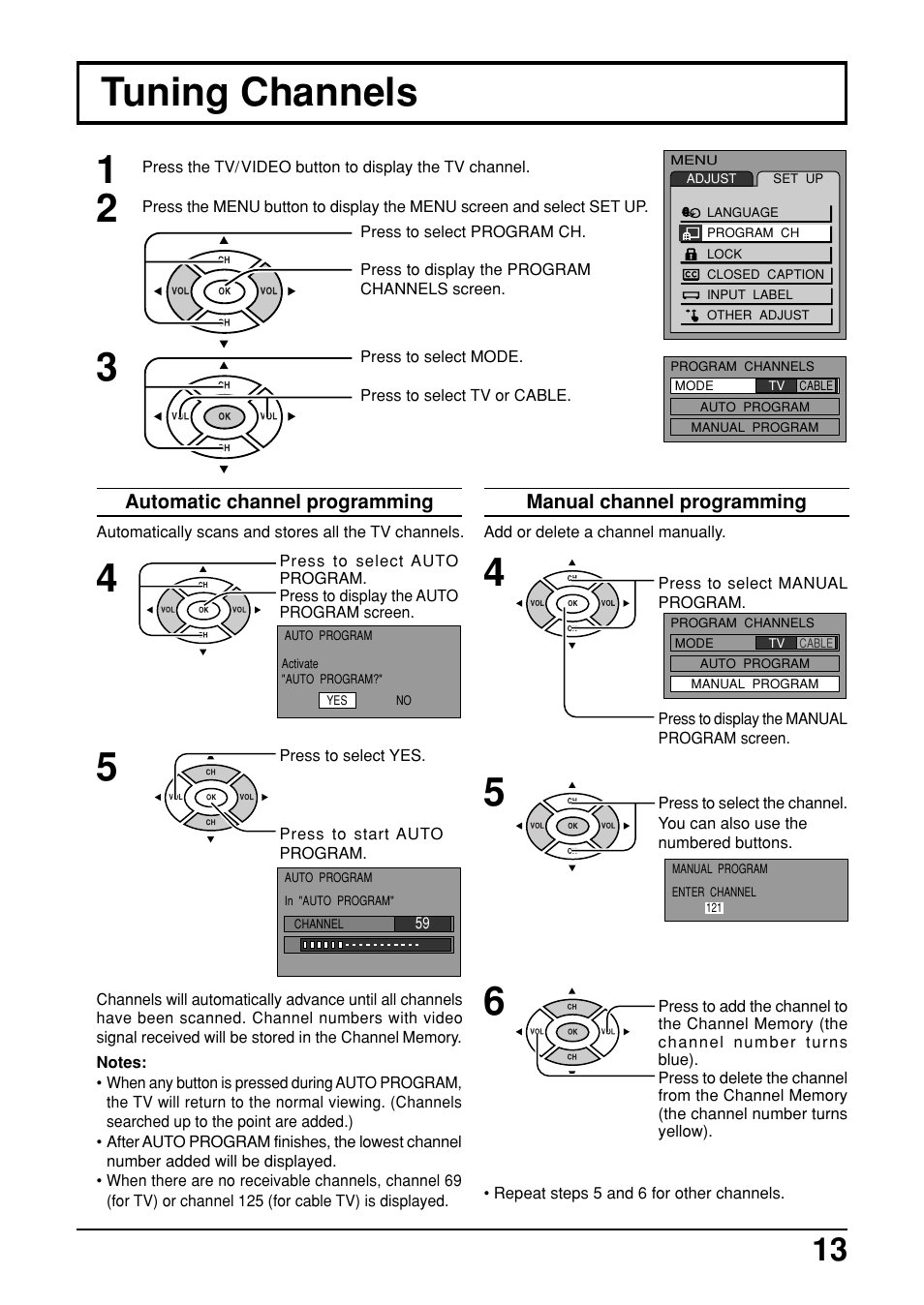 Tuning channels | Panasonic TC-14LA2 User Manual | Page 13 / 32