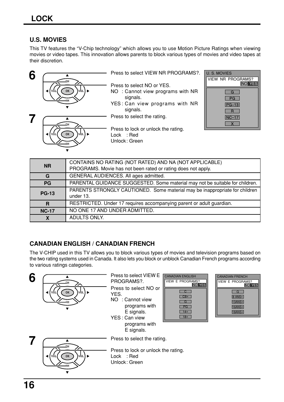 Lock, U.s. movies, Canadian english / canadian french | Panasonic TC-14LA2 User Manual | Page 16 / 32
