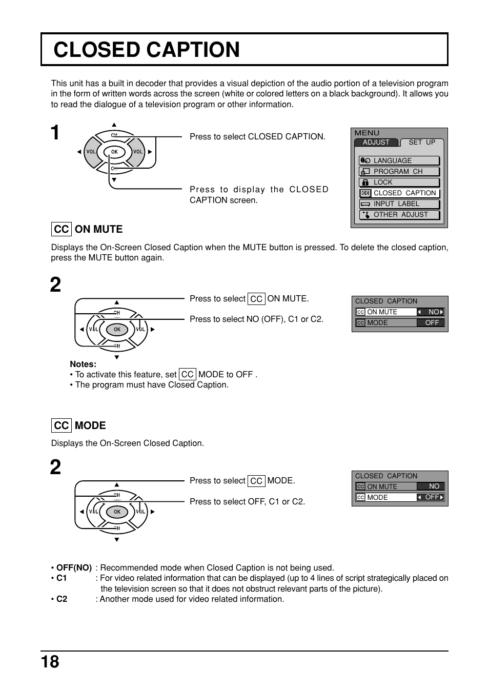 Closed caption | Panasonic TC-14LA2 User Manual | Page 18 / 32