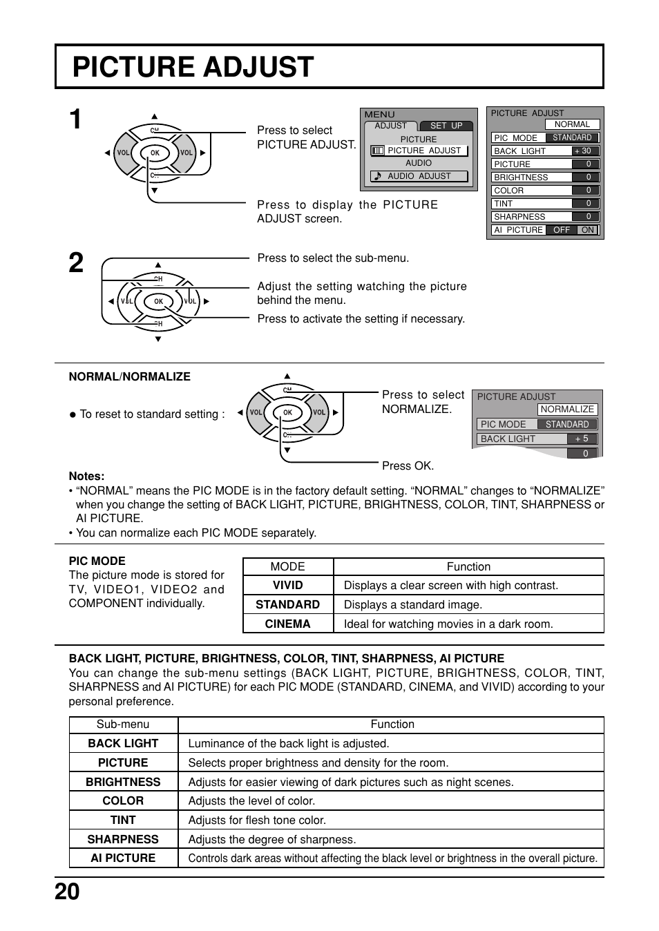 Picture adjust 1 2 | Panasonic TC-14LA2 User Manual | Page 20 / 32