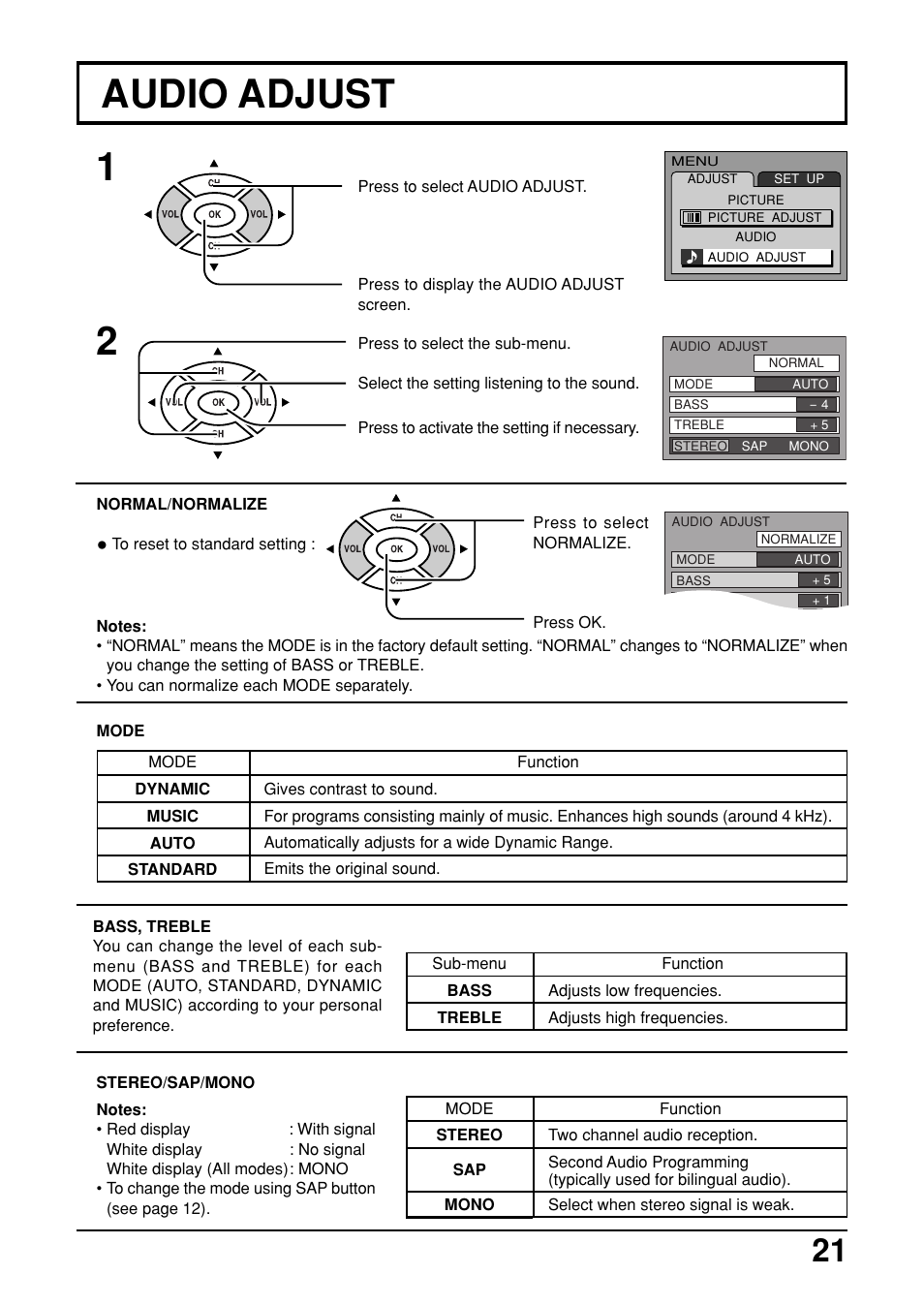 Audio adjust 1 2 | Panasonic TC-14LA2 User Manual | Page 21 / 32