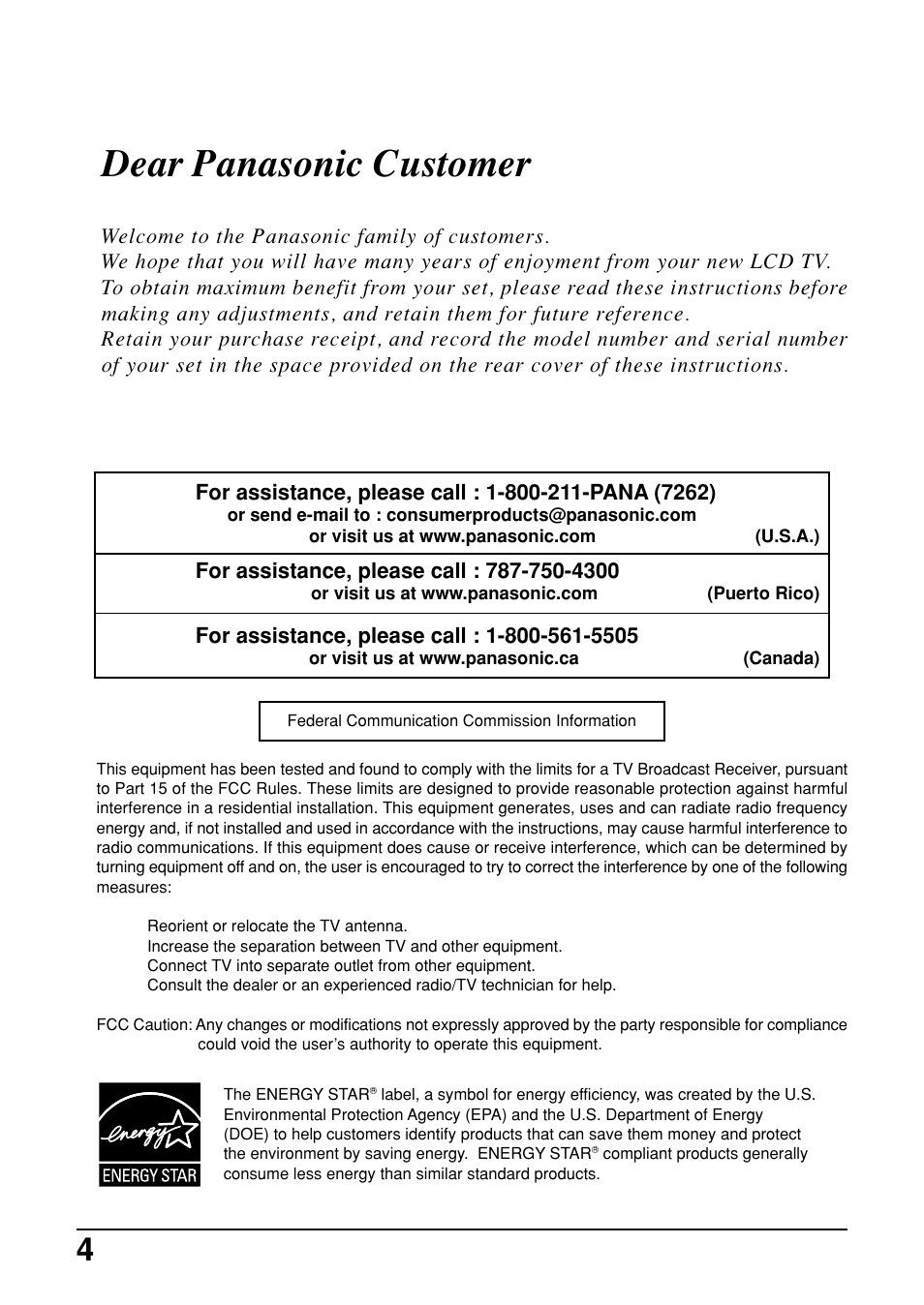 Dear panasonic customer | Panasonic TC-14LA2 User Manual | Page 4 / 32