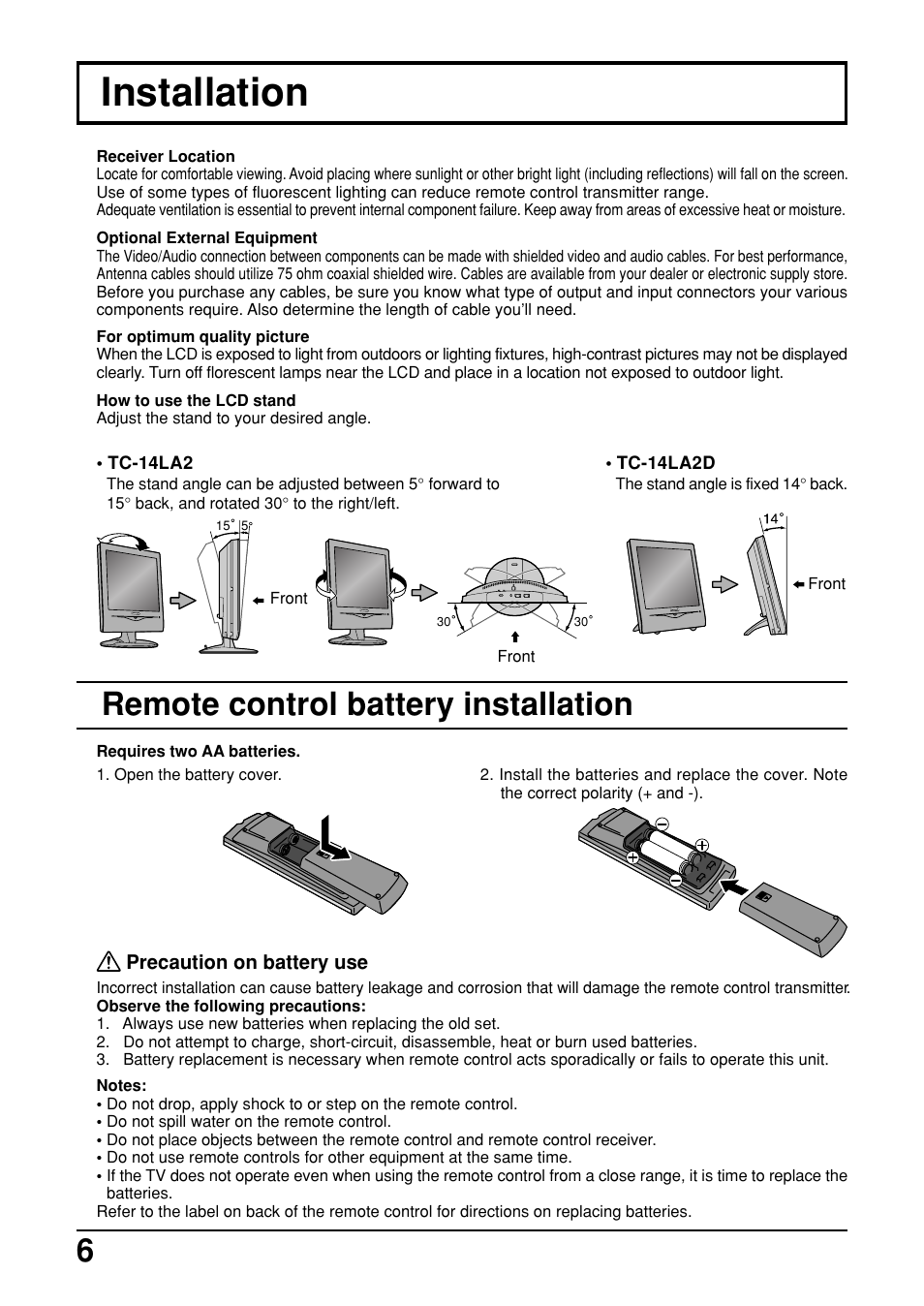 Installation, Remote control battery installation | Panasonic TC-14LA2 User Manual | Page 6 / 32