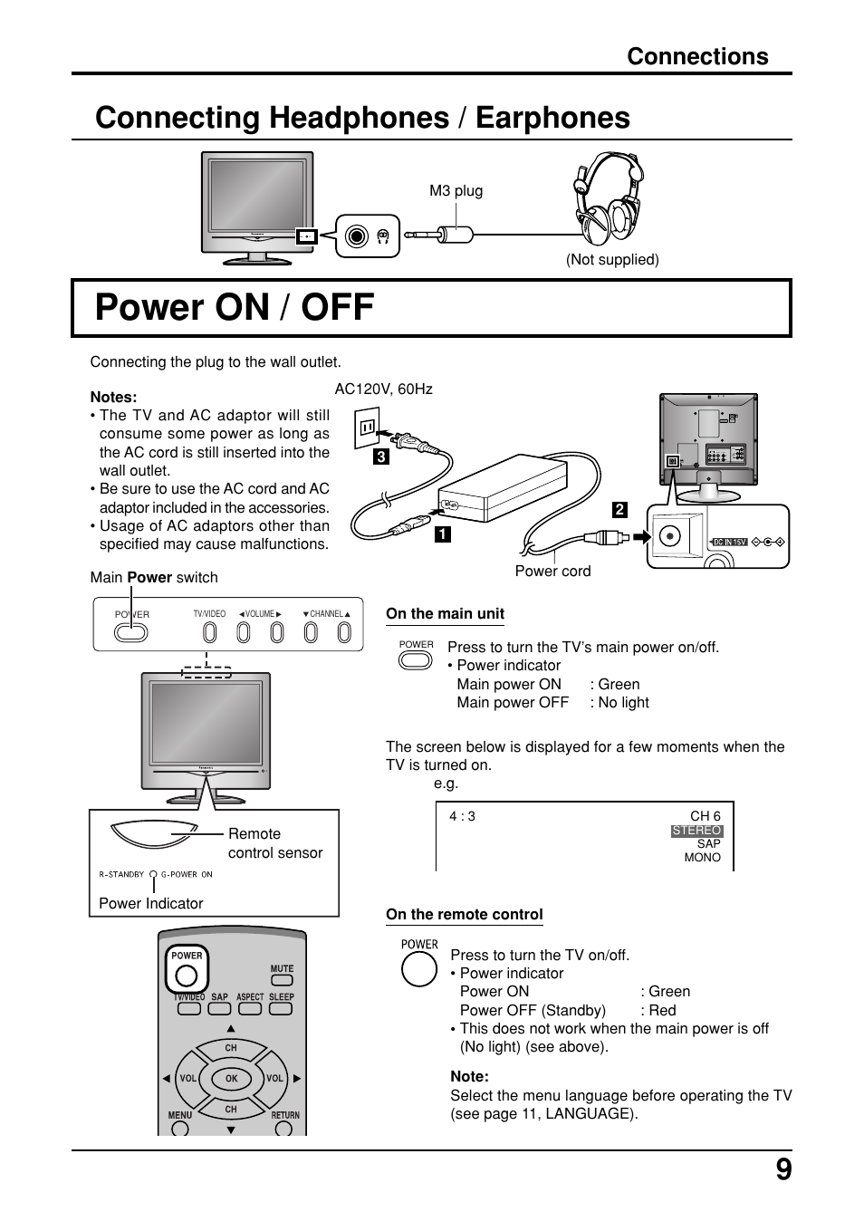 Power on / off, Connecting headphones / earphones, Connections | Panasonic TC-14LA2 User Manual | Page 9 / 32