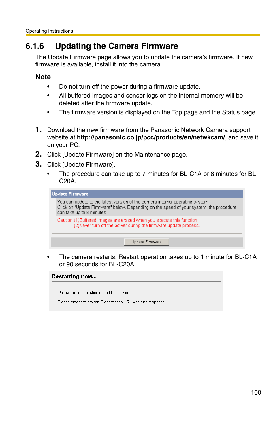 Ge 100, 6 updating the camera firmware | Panasonic BL-C1A User Manual | Page 100 / 141