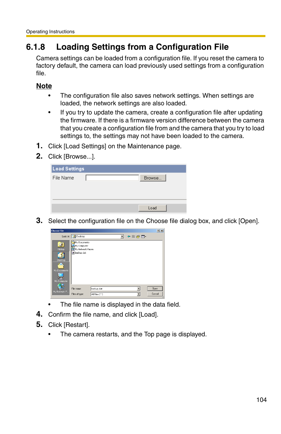 Ge 104, 8 loading settings from a configuration file | Panasonic BL-C1A User Manual | Page 104 / 141