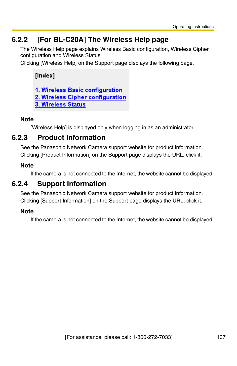 E 107, 2 [for bl-c20a] the wireless help page, 3 product information | 4 support information | Panasonic BL-C1A User Manual | Page 107 / 141